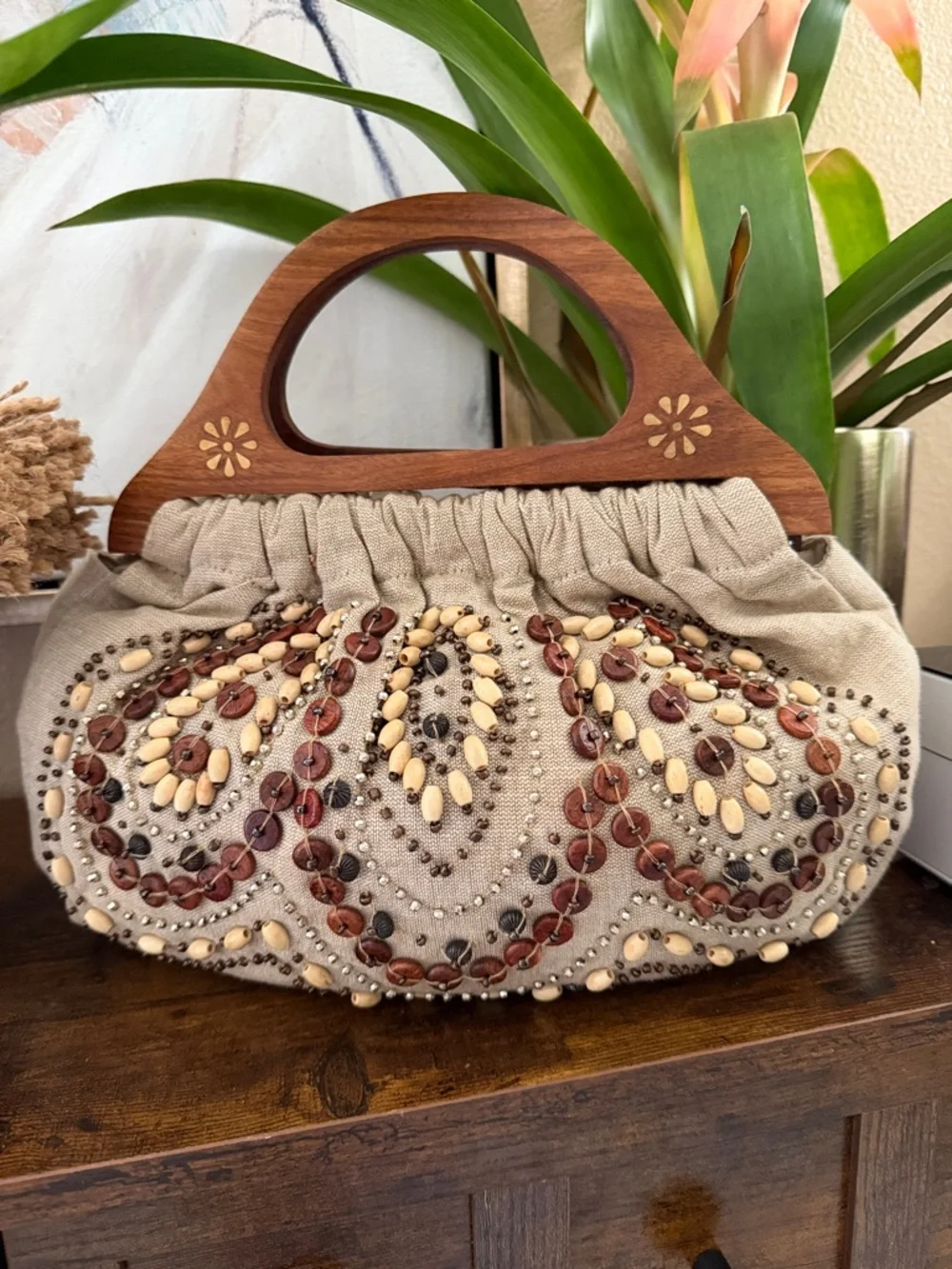 Beaded Beige Linen Clutch with Wooden Handles - Picture 1 of 5